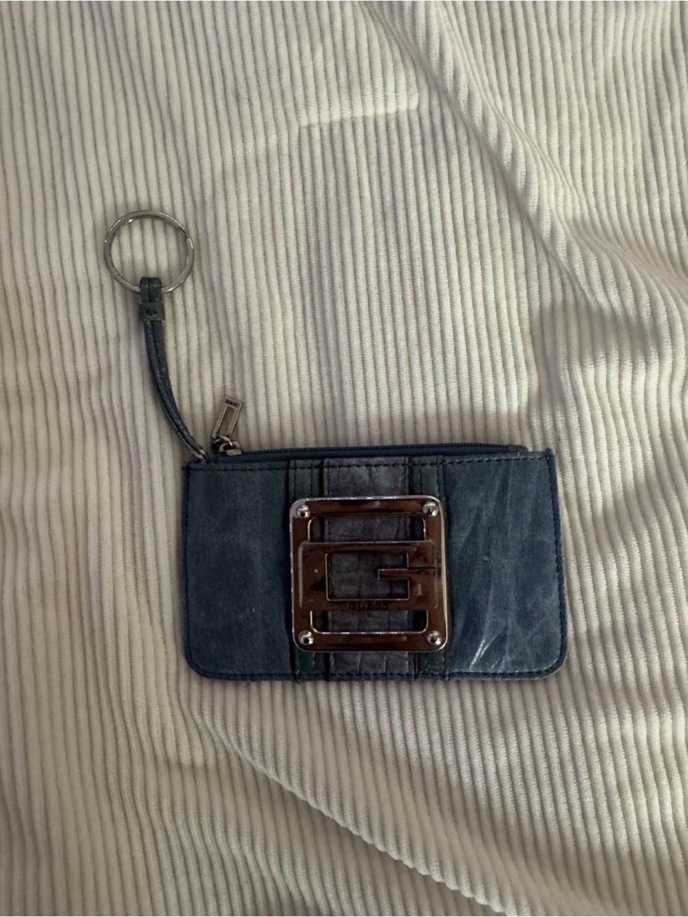 GUESS Wristlet Key & Card Holder in Deep Blue with Metal Plate Accent